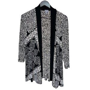 Traveler's by Chicos Size 1 Black Ivory Open Front Knit Cardigan Sweater Med